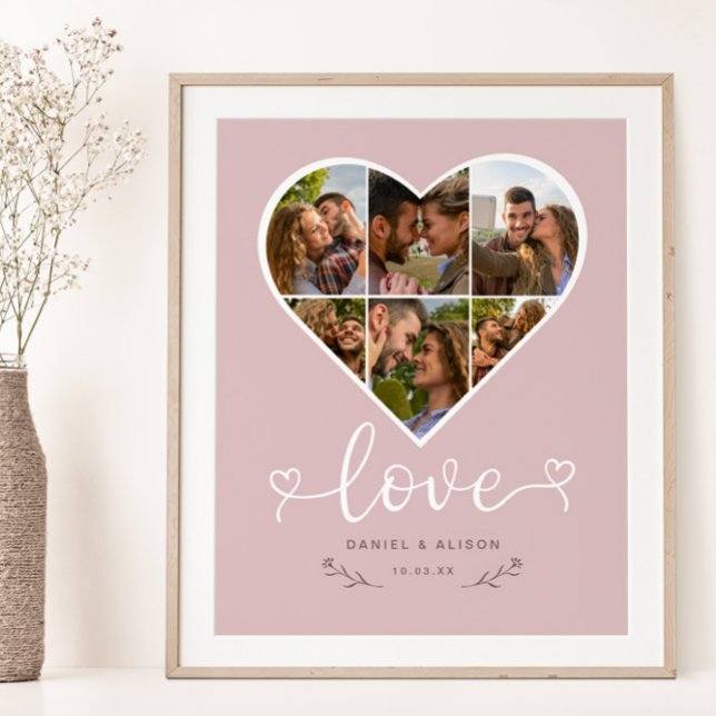 Liebe Herz Foto Collage Grid Couple Blush Poster (Von Creator hochgeladen)