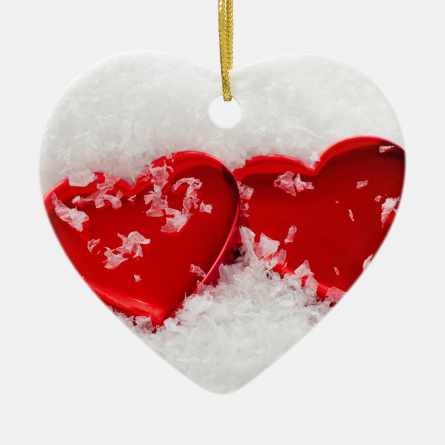 Liebe Herz in Schnee Doppelseitiges Herzornament Keramik Ornament (Vorne)