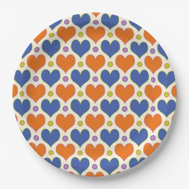 Liebe Herz & Polka Dottern Muster in Blau & Orange Pappteller (Vorderseite)