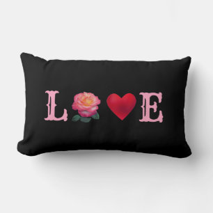 Liebe Herz und Rose Blume auf Schwarz Lendenkissen