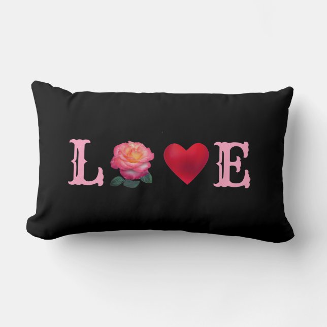 Liebe Herz und Rose Blume auf Schwarz Lendenkissen (Vorderseite)
