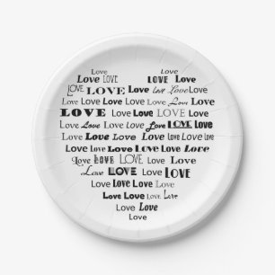 Liebe Herz-Word-Cloud - Schwarz/Weiß Pappteller
