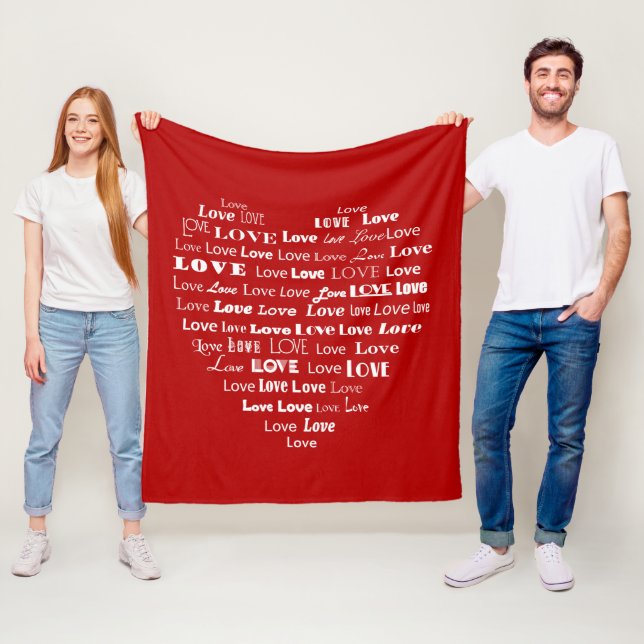 Liebe Herz Word Cloud - White on Dark Red Fleecedecke (Beispiel)
