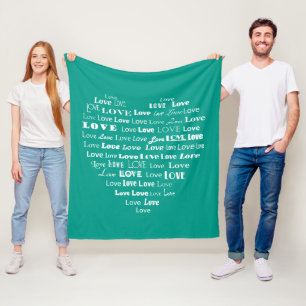 Liebe-Herz-Wort-Wolke - Weiß auf Türkis Fleecedecke