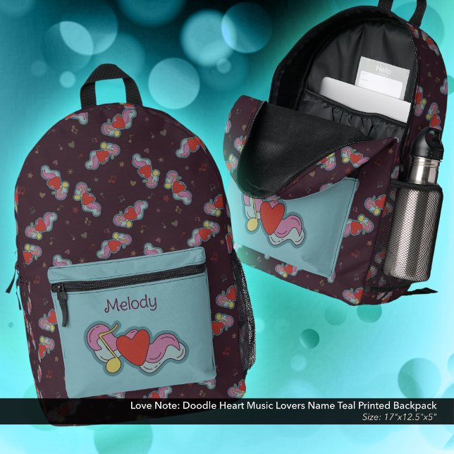 Liebe Hinweis: Doodle Heart Music Lovers Name Aqua Bedruckter Rucksack (Love Note Doodle Design Backpack: Personalized with Owner's Name - Teal Accent Color)