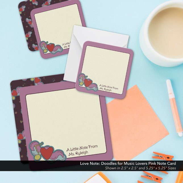 Liebe Hinweis: Doodles für Musikliebhaber Pink Mitteilungskarte (Love Note: Doodles for Music Lovers Pink Note Cards - Shown in the 2.5"x2.5" and 5.25"x5.25" Sizes)
