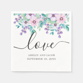 Liebe. Hochzeit mit lila und rosa Blumen Serviette