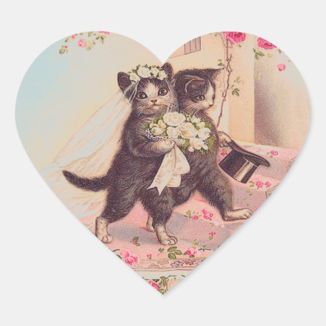 Liebe Hochzeit von Katzen Herz-Aufkleber (Vorderseite)