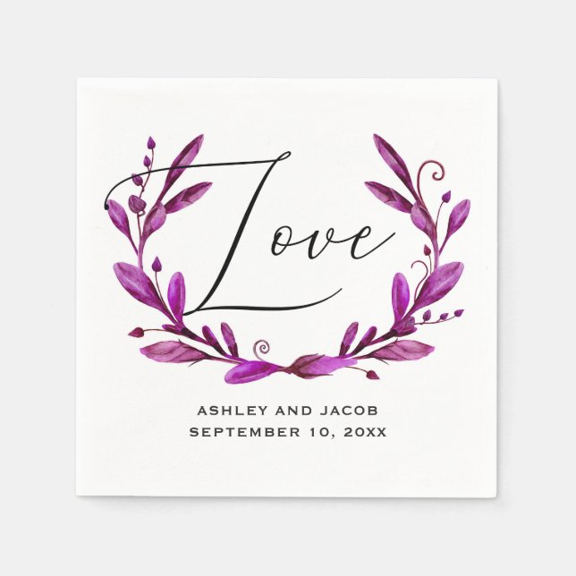 Liebe. Hochzeit von lila Blumenzitaten Serviette (Vorderseite)