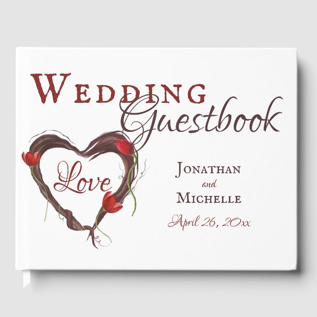 Liebe Hochzeit von Red Tulips und Herzkranz Gästebuch (Vorderseite)