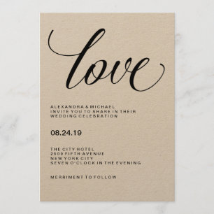 Liebe Hochzeitstypografie auf Kraftpapier Einladung