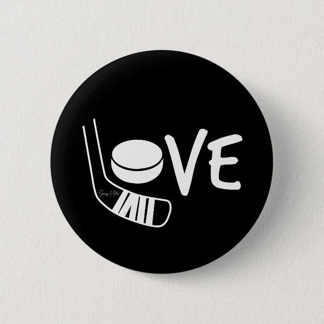 Liebe Hockey hat Sticks und Puck Black Button (Vorderseite)