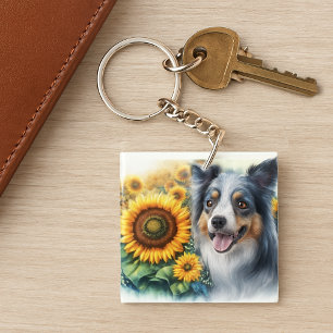 Liebe Hunde Border Collie Sunflower Acrylic Schlüs Schlüsselanhänger