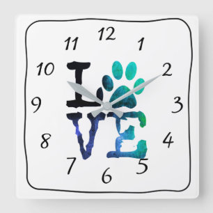LIEBE Hundetatzen-Druck-Blau-Uhr Quadratische Wanduhr