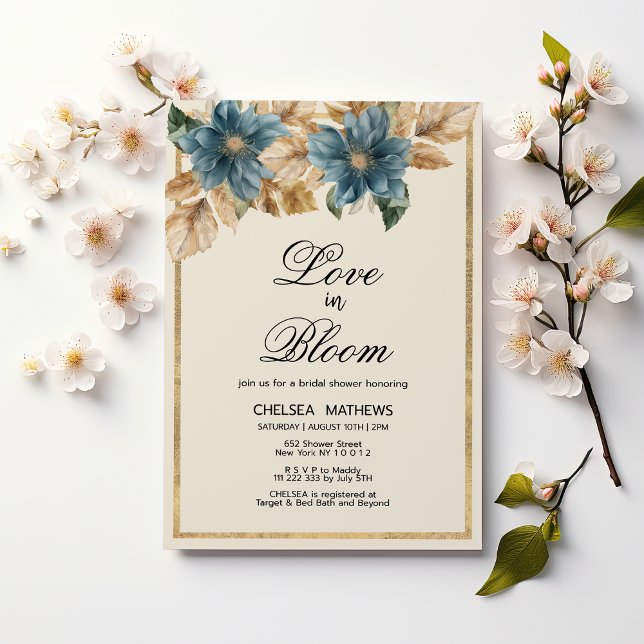 Liebe im blauen goldblauen Brautparty Einladung (Love In Bloom blue gold floral Bridal Shower)