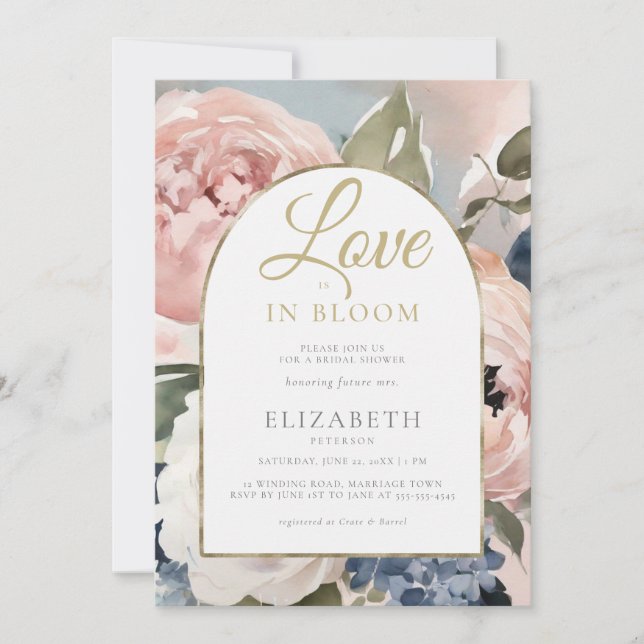 Liebe im Bloom Peony Gold Boho Arch Brautparty Einladung (Vorderseite)