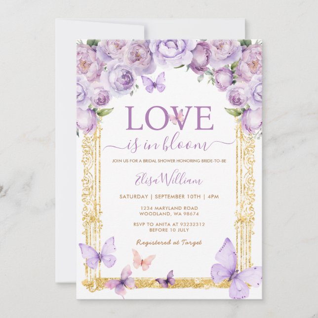 Liebe im blumengeschmetterlingsfloralen Brautparty Einladung (Vorderseite)