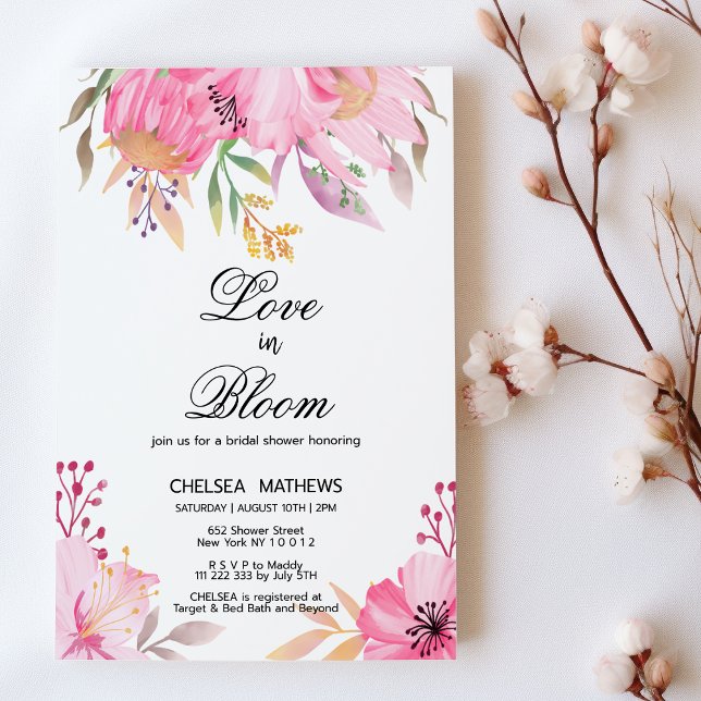 Liebe im blutbotanisch rosa Blume Brautparty Einladung (Love In Bloom botanic pink flowers Bridal Shower)