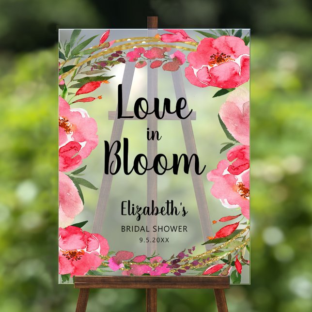 Liebe im Brautparty "Bloom Pink Blume" Acrylschild (Love in Bloom pink floral border bridal shower acrylic s
sign)