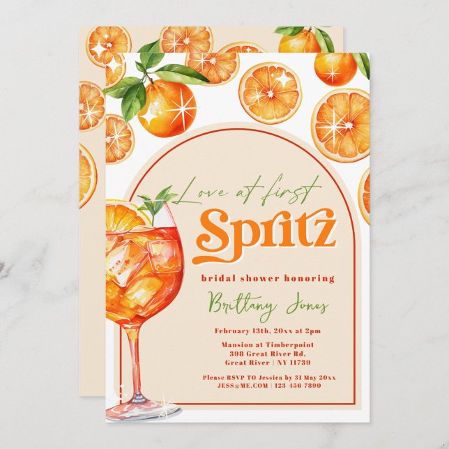 Liebe im ersten Spritz Orange Groovy Brautparty Einladung (Vorne/Hinten)