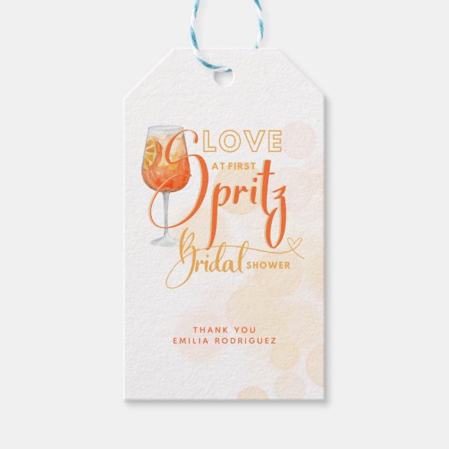 Liebe im First SPRITZ Modernes Orange Brautparty Geschenkanhänger (Vorderseite)