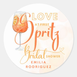 Liebe im First SPRITZ Modernes Orange Brautparty Runder Aufkleber
