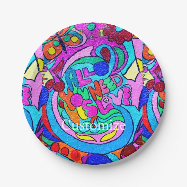 Liebe im Stil der 70er Jahre - Blume Pappteller (Vorderseite)