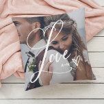 Liebe in elegantem Skript | Zwei Fotos mit Herz Kissen<br><div class="desc">Dieses wunderschöne Kissen besticht durch das Wort "Liebe" in eleganter,  Wirbler Kalligraphie-Schrift,  mit zwei Ihrer Lieblingsstiften und einem handgeschriebenen Foto. Sie können Ihre Initialen oder Monogramme hinzufügen,  oder den Namen aller geliebten Personen wie Ihre Mutter,  Oma,  Familie oder Ehefrau. Auch macht die perfekte Hochzeit Sake für die Neuvermählten.</div>