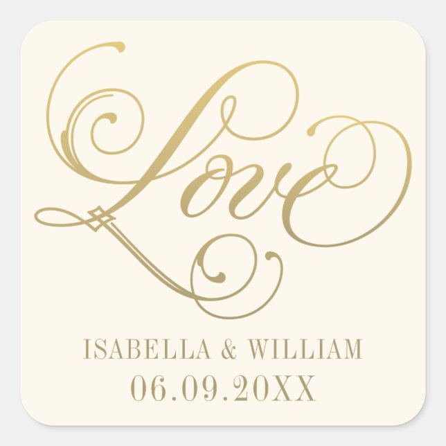 Liebe in Gold-Script-ElfenbeinWedding Monogram Quadratischer Aufkleber (Vorderseite)