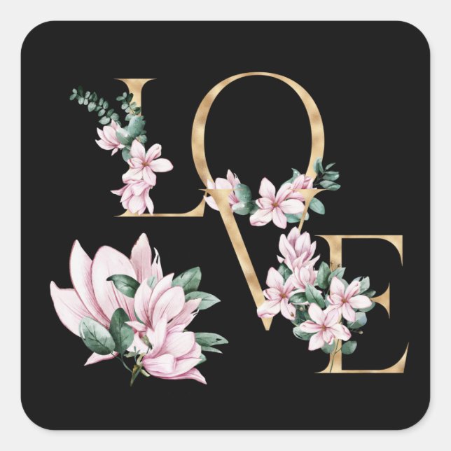 Liebe in Goldbrief mit magnolischen Blume Quadratischer Aufkleber (Vorderseite)