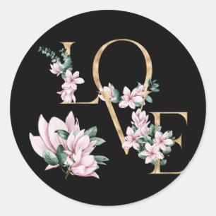 Liebe in Goldbrief mit magnolischen Blume Runder Aufkleber