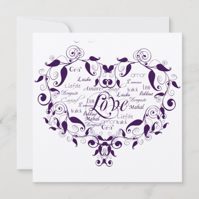 Liebe in jeder Sprache bei Lila Hochzeitseinladung Einladung (Vorderseite)