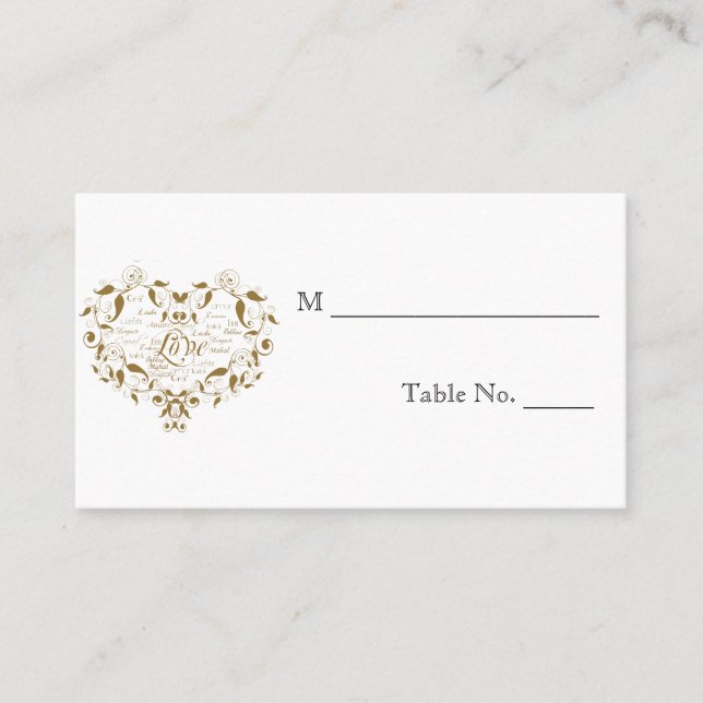 Liebe in jeder Sprache in Gold-Hochzeiten-Platzkar Platzkarte (Vorderseite)
