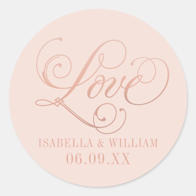 Liebe in Rose Gold Script Blush Wedding Monogram Runder Aufkleber (Vorderseite)