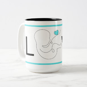 Liebe in Textform mit blauem Herz, Zweifarbige Tasse