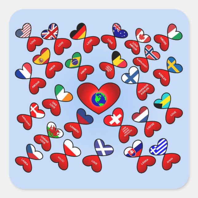 Liebe in verschiedenen Weltsprachen Niedlich Herzs Quadratischer Aufkleber (Vorderseite)