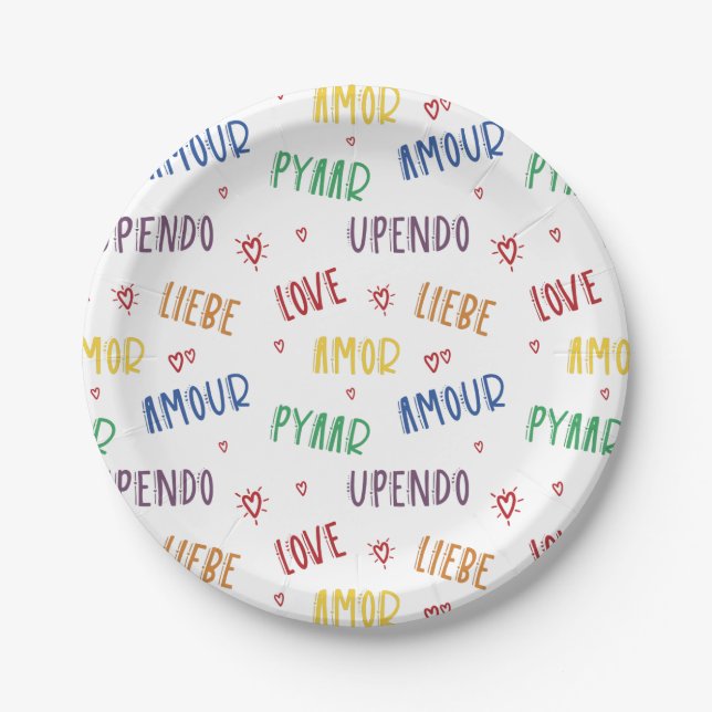 Liebe in vielen Sprachen Rainbow 7" Papiertafel Pappteller (Vorderseite)