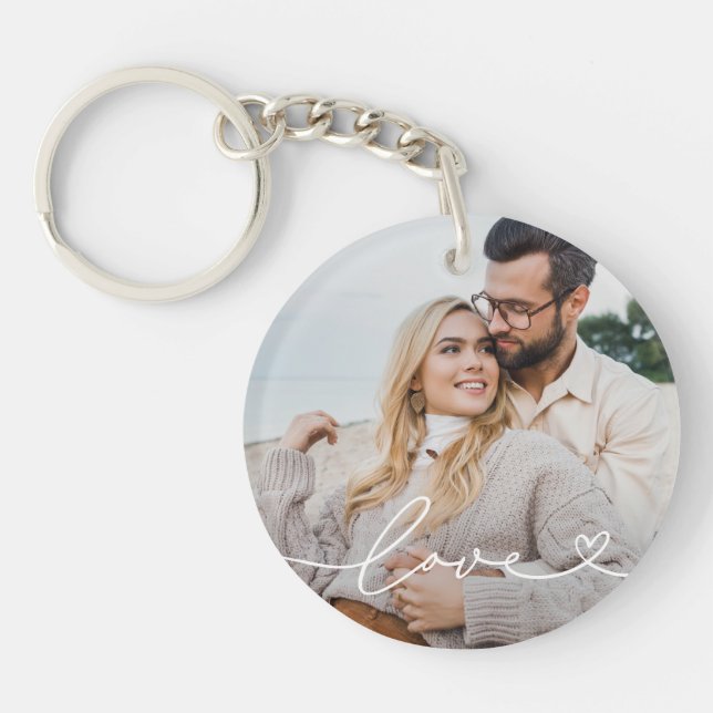 Liebe in Weißschrift mit dem Foto Herzbenutzerdefi Schlüsselanhänger (Vorderseite)