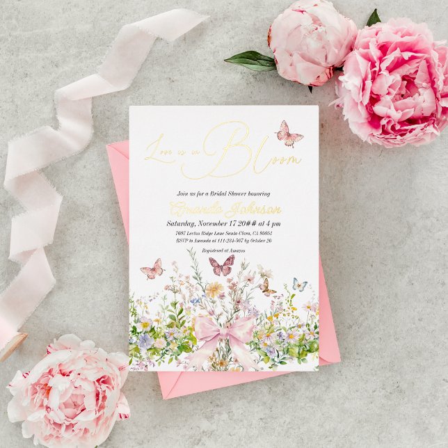 Liebe in Wildblume Rosa Brautparty Folieneinladung (Von Creator hochgeladen)