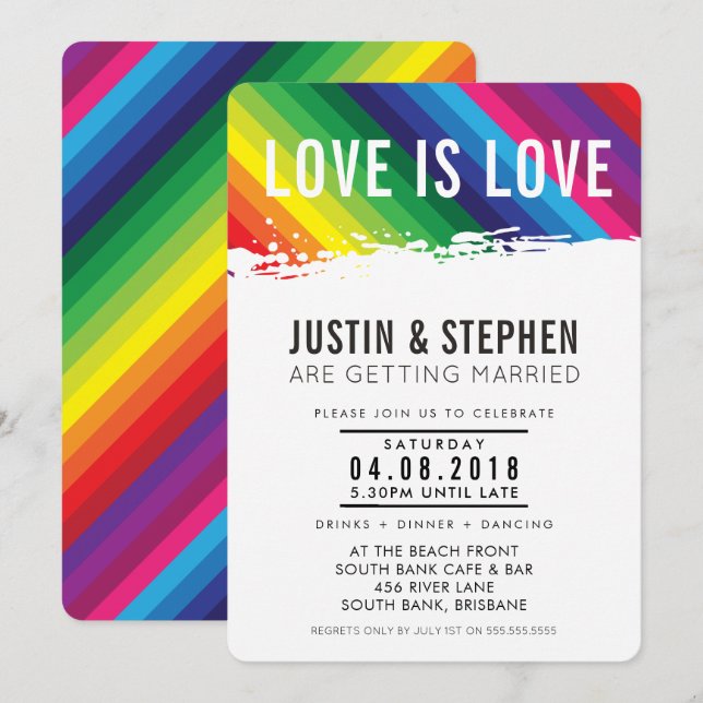 LIEBE IS LIEBE Hochzeit Regenbogenfarben Pinselstr Einladung (Vorne/Hinten)