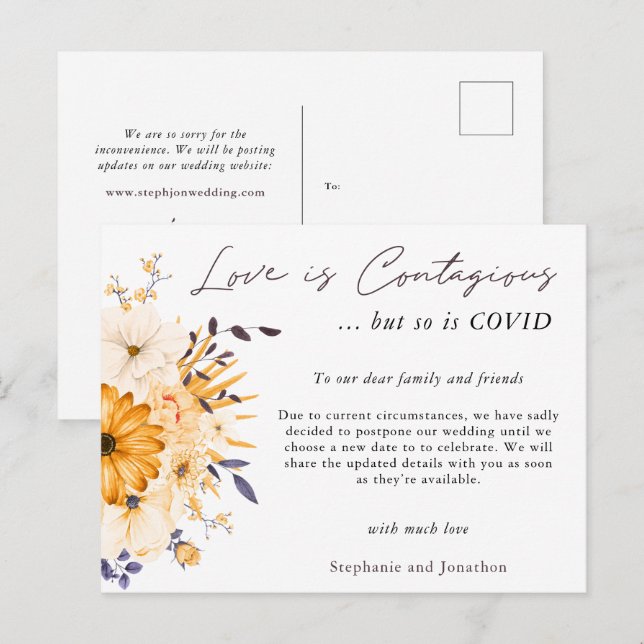 Liebe ist ansteckend Hochzeit Postpone COVID19 Flo Ankündigungspostkarte (Vorne/Hinten)