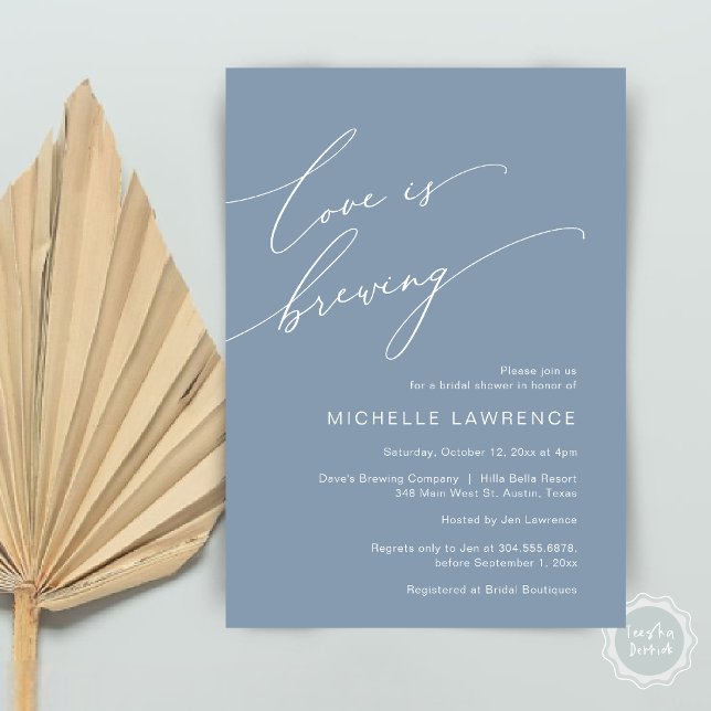 Liebe ist Brauen, Brautparty Party Feier Einladung (Love is Brewing, Bridal Shower Party Celebration Invitation Card, PDF, Dusty Blue)