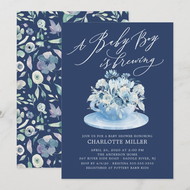Liebe ist das Brewing Blue Floral Baby Boy Teedusc Einladung (Vorne/Hinten)