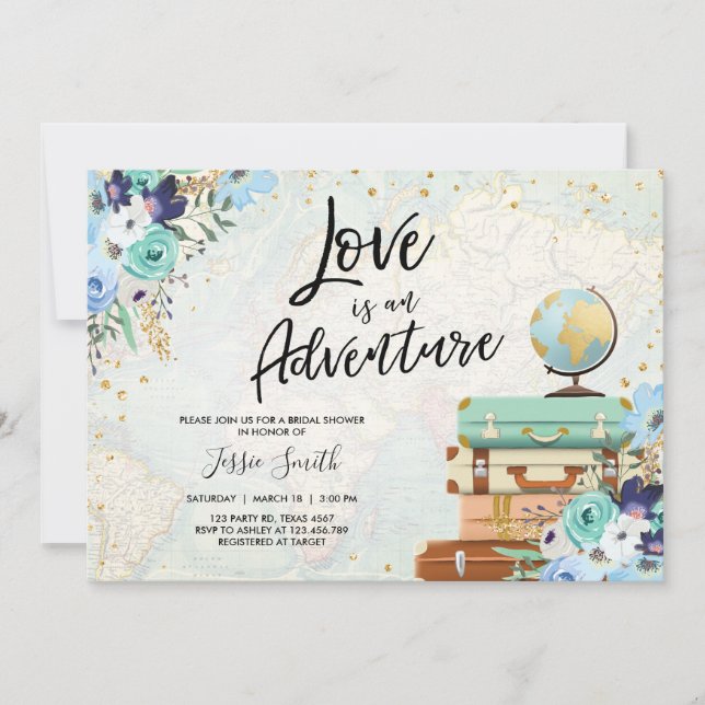 Liebe ist ein Adventure Blue Floral Brautparty Einladung (Vorderseite)