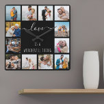 Liebe ist ein wunderbares Ding Quote 12 Foto Schwa Quadratische Wanduhr<br><div class="desc">Foto-Uhr mit fröhlichem Zitat und 12 Ihrer Lieblingsbilder von Familie und Freunden. Die Fotovorlage ist für Sie Set, um Ihre eigene Grid-Stil Foto-Collage zu erstellen, um das Zitat mit "Liebe ist eine wunderbare Sache". Das Design ist in elegantem, handgeschriebenem Skript und knusprigen Schriftart Typografie mit einer schwarz-weißen Farbpalette (editierbar) geschrieben....</div>