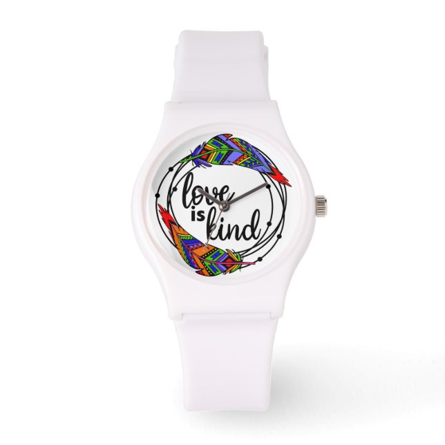 Liebe ist eine farbenfrohe Federschau Armbanduhr (Vorderseite)