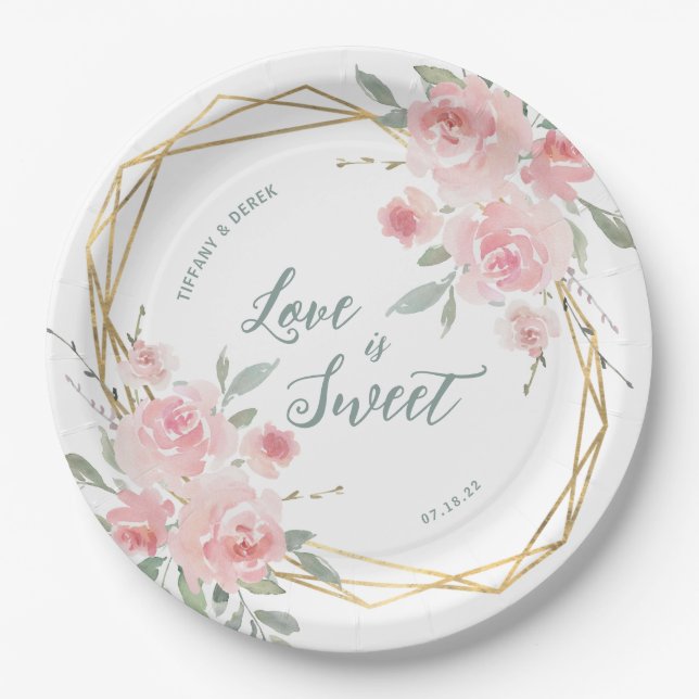 Liebe ist eine Hochzeit mit süßer Blüte Pappteller (Vorderseite)
