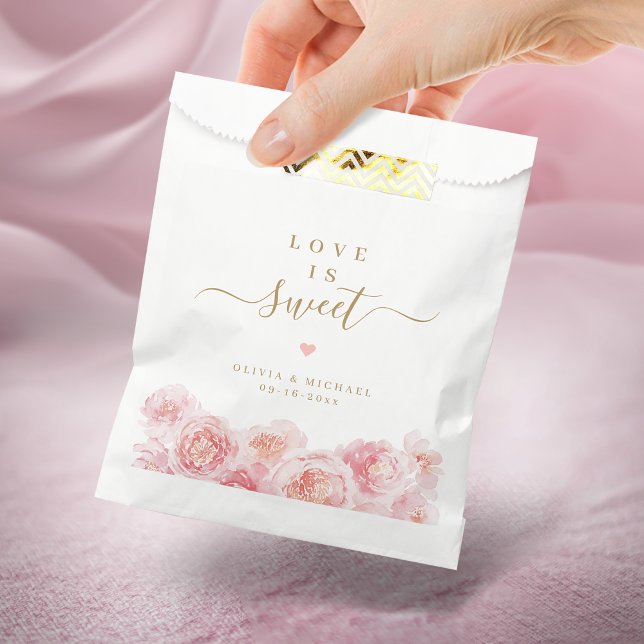 Liebe ist eine Hochzeit mit Süßigkeiten und Blüten Geschenktütchen (Love is sweet script gold & blush floral wedding favor bag)