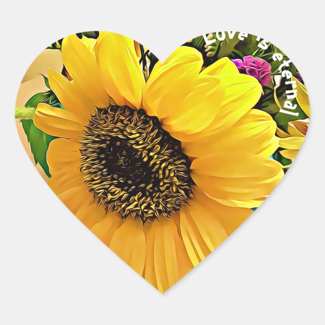 LIEBE IST ETERNAL, herzförmige Sonnenblumenaufkleb Herz-Aufkleber (Vorderseite)