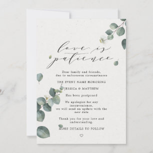 Liebe ist Geduld Aufgeschobene Eukalyptus-Hochzeit Ankündigung
